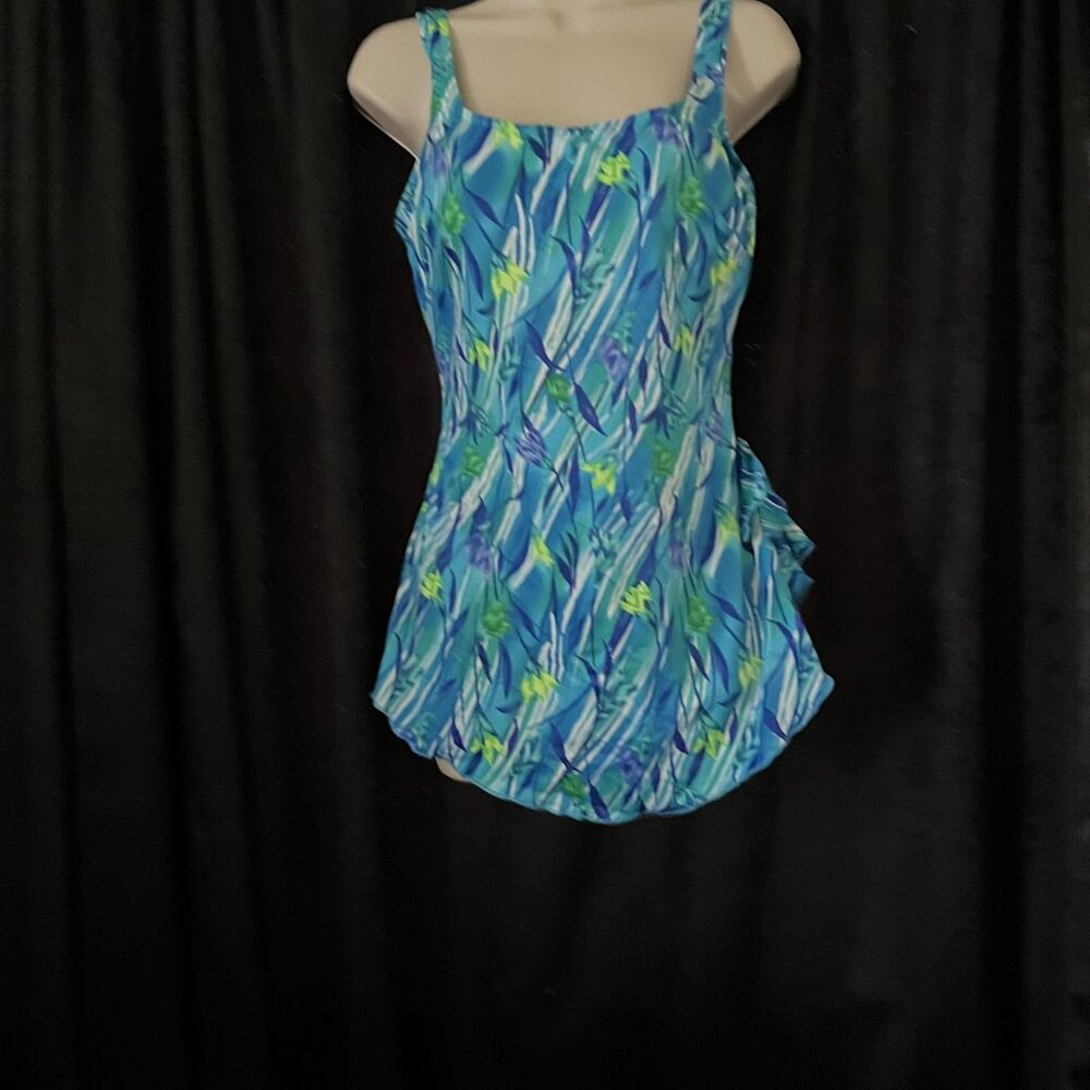 Maxine Of Hollywood Blue Green Tropical Floral Front Skirted Swimsuit 18 READ - Picture 2 of 11